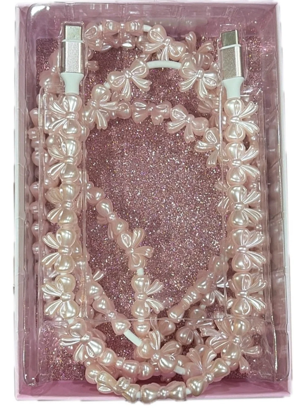 NIB Trend Zone Pink Bows Beaded USB-C Cable